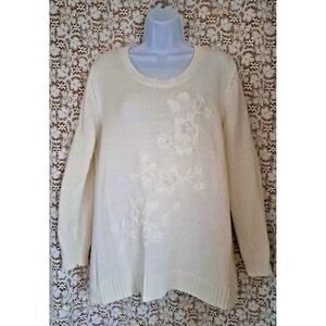 Style&Co Sweater Sz. L Floral Embroidered Design Warm Ivory Tight Knit Pullover